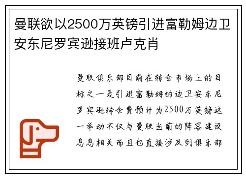 曼联欲以2500万英镑引进富勒姆边卫安东尼罗宾逊接班卢克肖