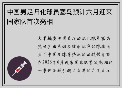 中国男足归化球员塞鸟预计六月迎来国家队首次亮相